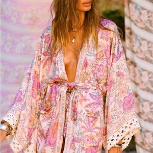 Floral Kimono with Lace Trim
